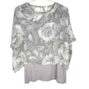 Chicos Womens 3/XL Blouse Shawl Gray Rose Floral Flowy Top Shell Tank Underneath